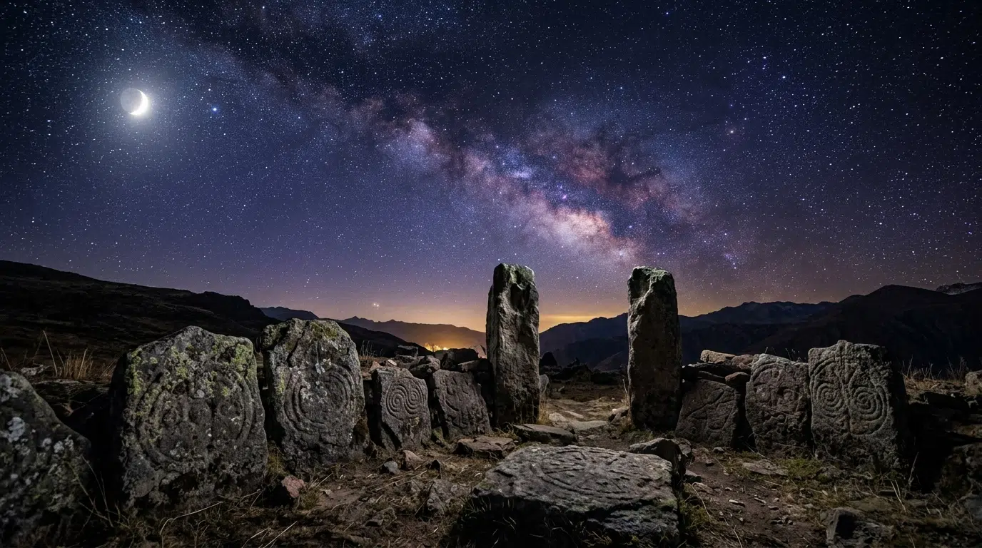 Pedras antigas gravadas sob um céu estrelado, evocando os registos de eclipses de civilizações antigas