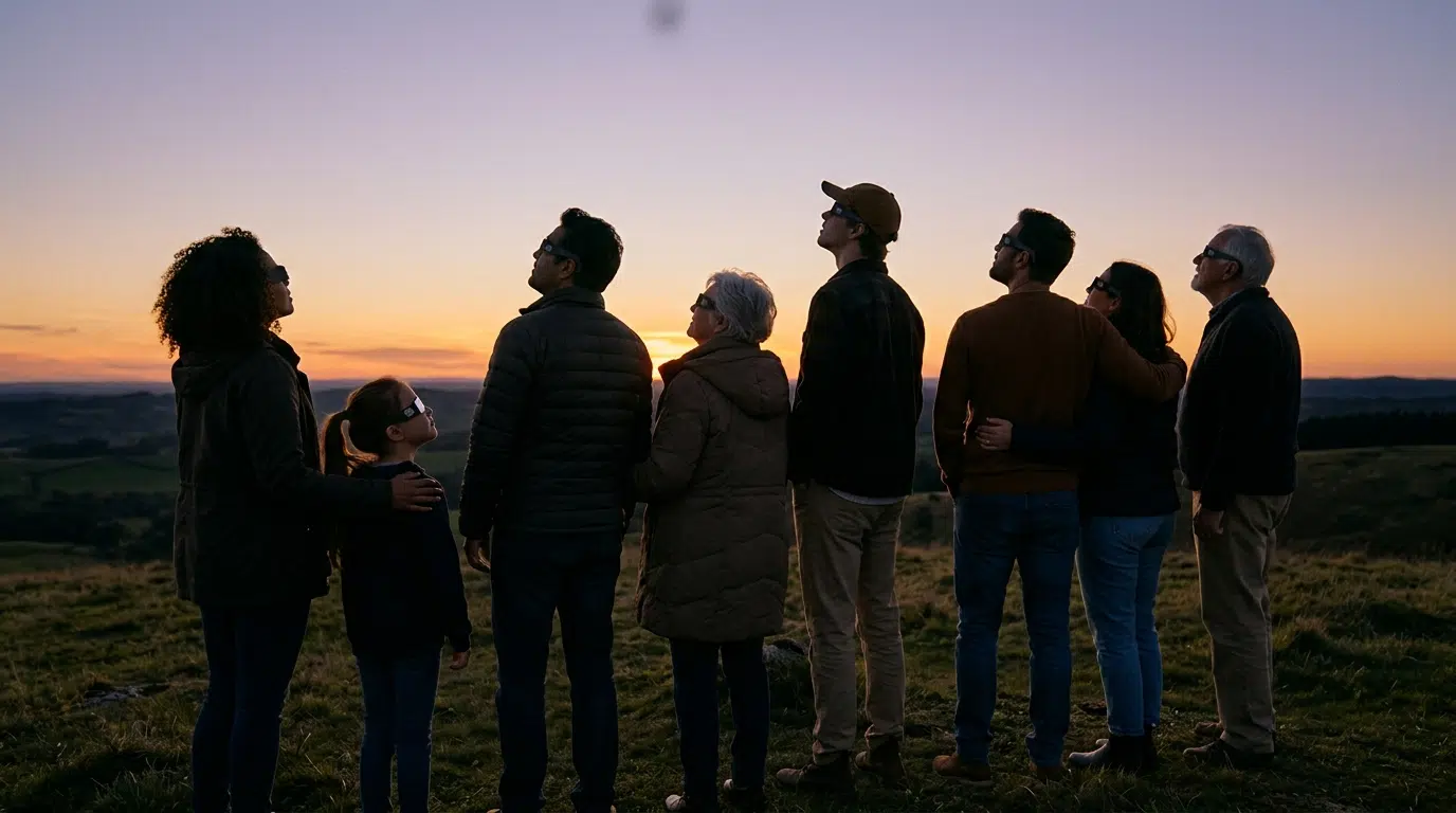 Pessoas reunidas a observar em conjunto o eclipse solar ao final da tarde