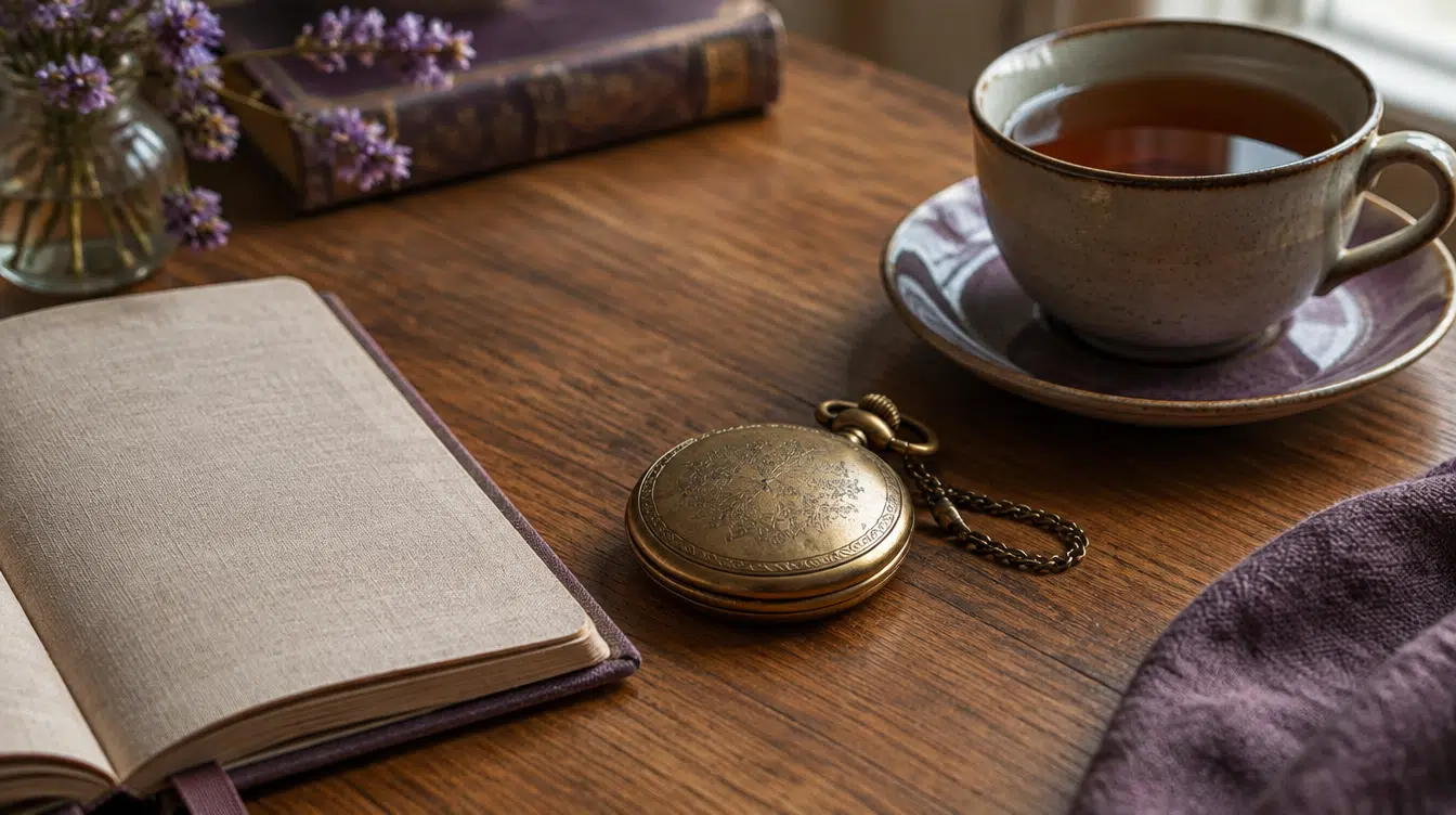 Relógio de bolso antigo fechado sobre uma mesa de madeira, ao lado de um caderno aberto