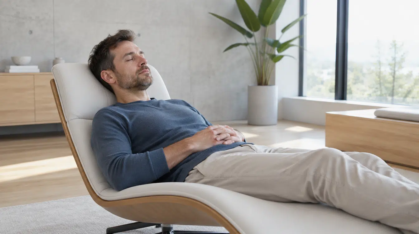 Homem relaxado de olhos fechados numa espreguiçadeira, num estúdio moderno e luminoso