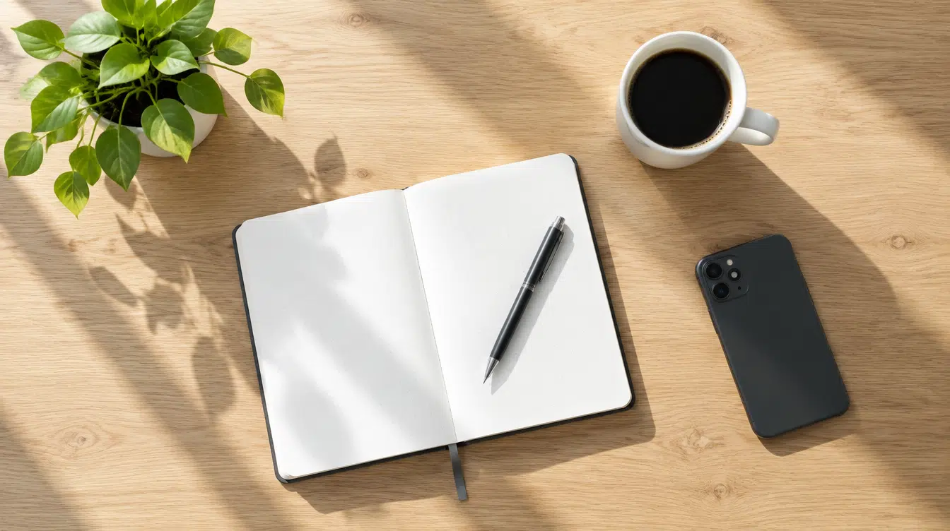 Mesa de madeira vista de cima com um caderno aberto, uma chávena de café e um telemóvel virado para baixo