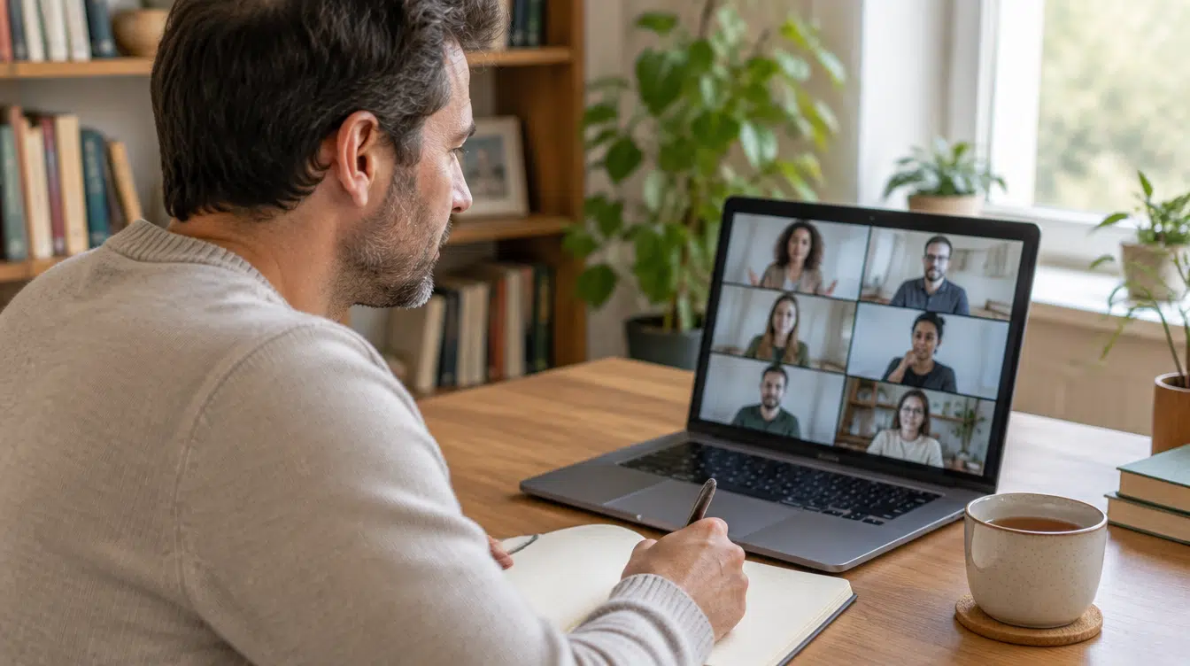 Homem em casa a assistir a uma aula online de formação em hipnose no portátil, a tomar notas