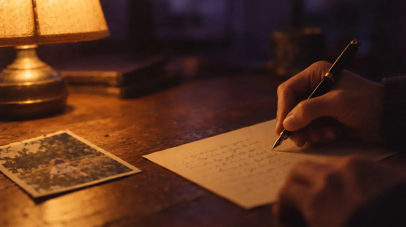 Mão a escrever uma carta à mão sobre uma mesa de madeira, à luz quente de um candeeiro