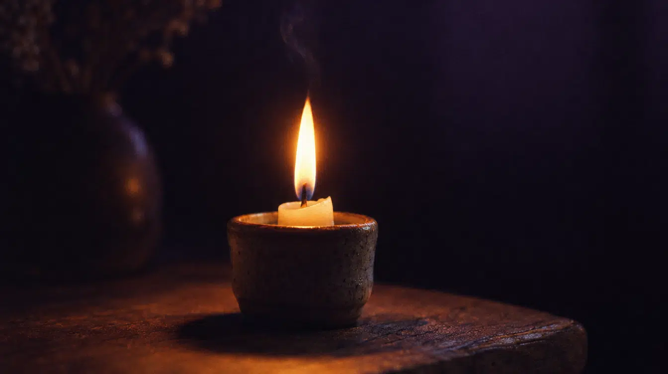 Chama de uma vela acesa num quarto em penumbra, um ponto onde fixar o olhar