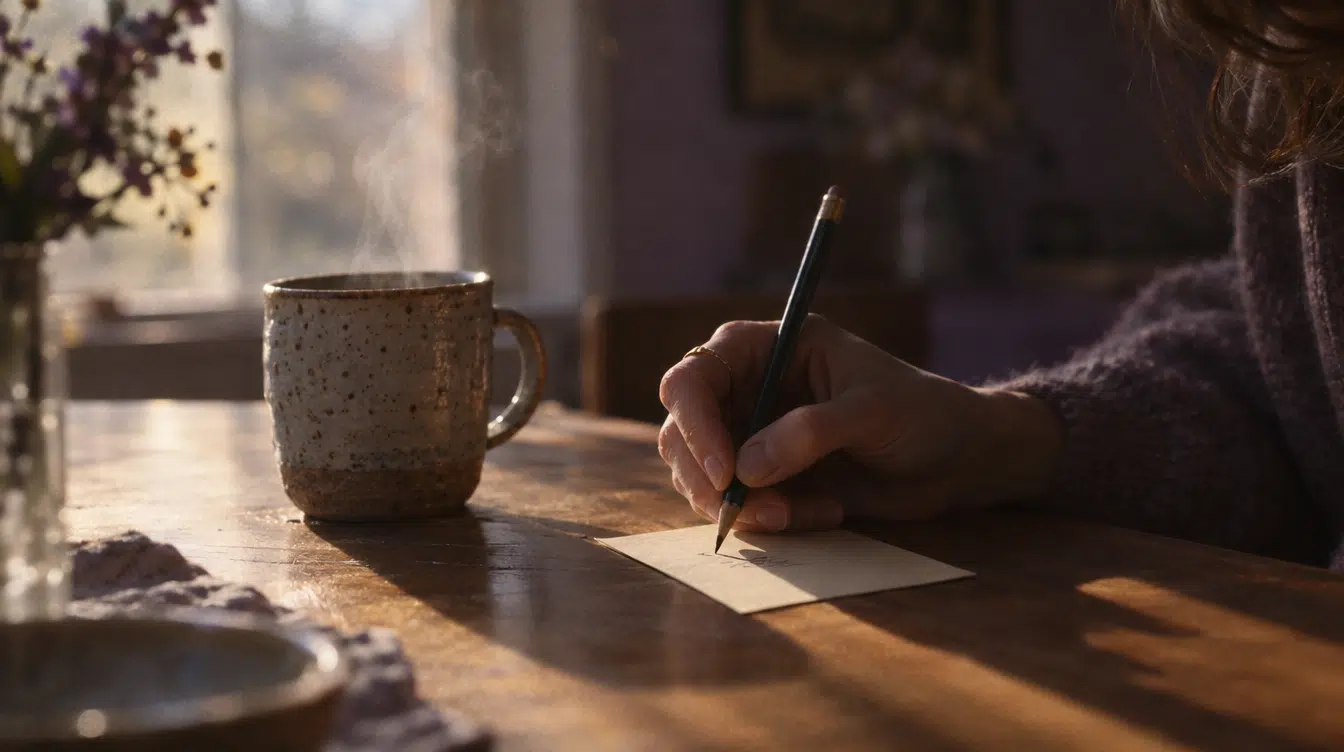 Mão a escrever uma palavra num pequeno papel ao lado de uma chávena, à luz da manhã