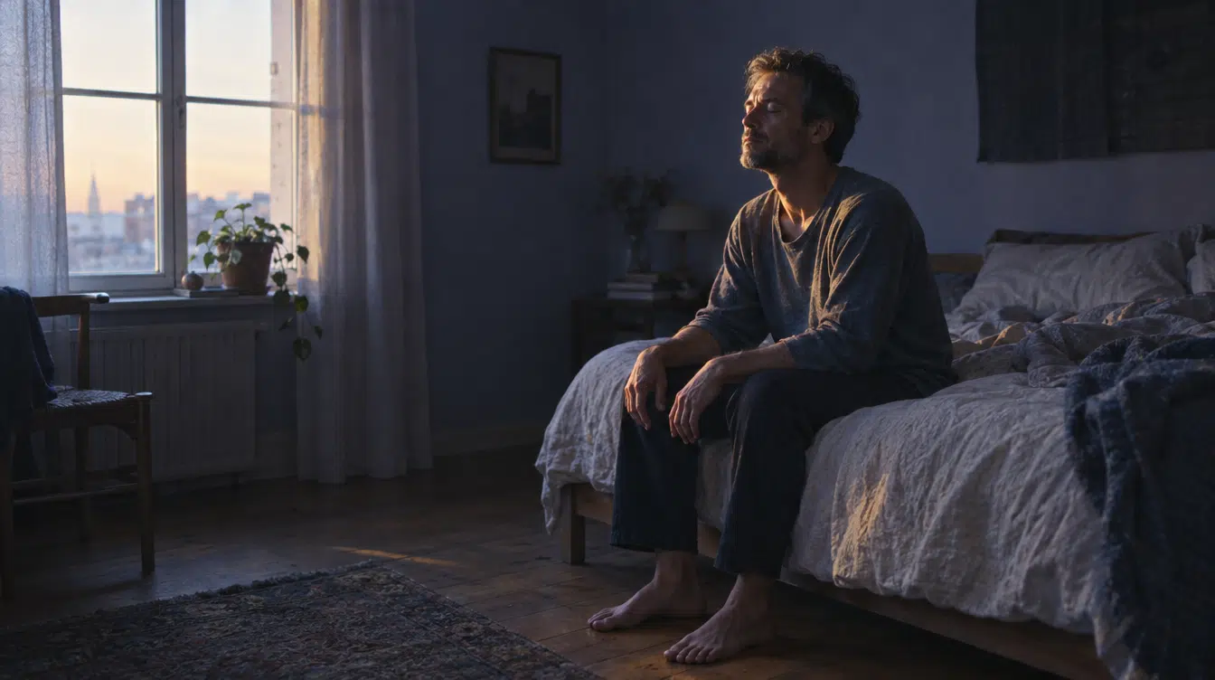 Homem sentado na beira da cama ao amanhecer, de olhos fechados, a fazer a meditação da manhã