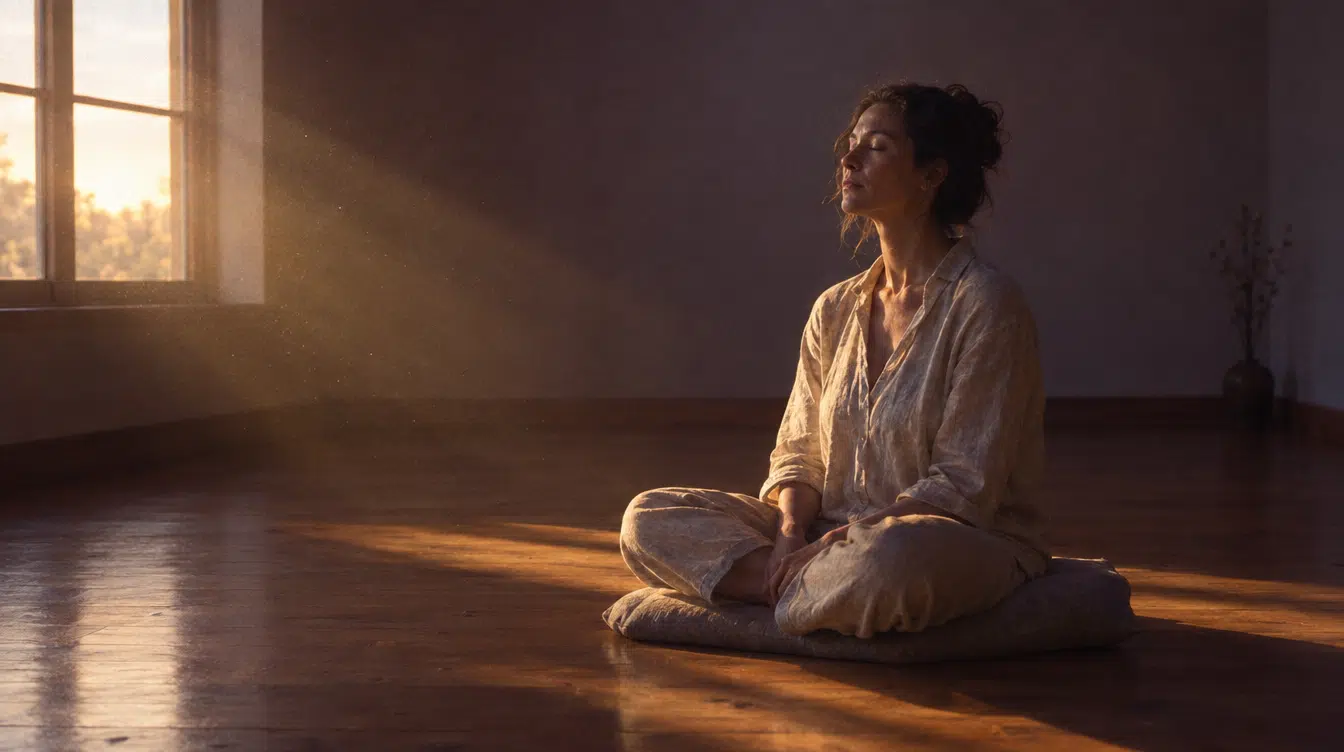 Mulher sentada numa almofada ao nascer do sol, de olhos fechados, a praticar meditação para iniciantes