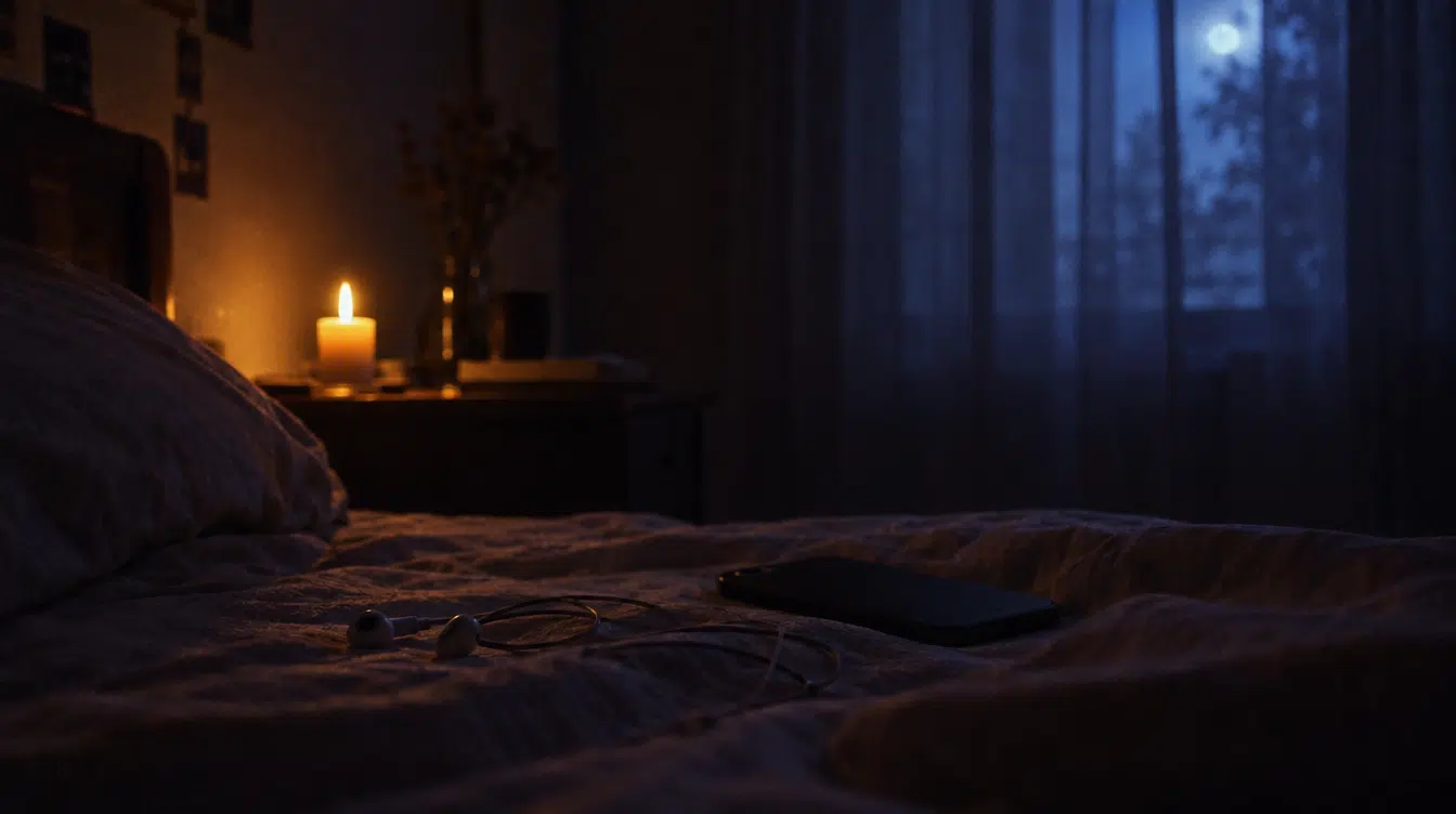 Quarto em penumbra à luz de uma vela, com auscultadores e o telemóvel virado para baixo sobre a cama