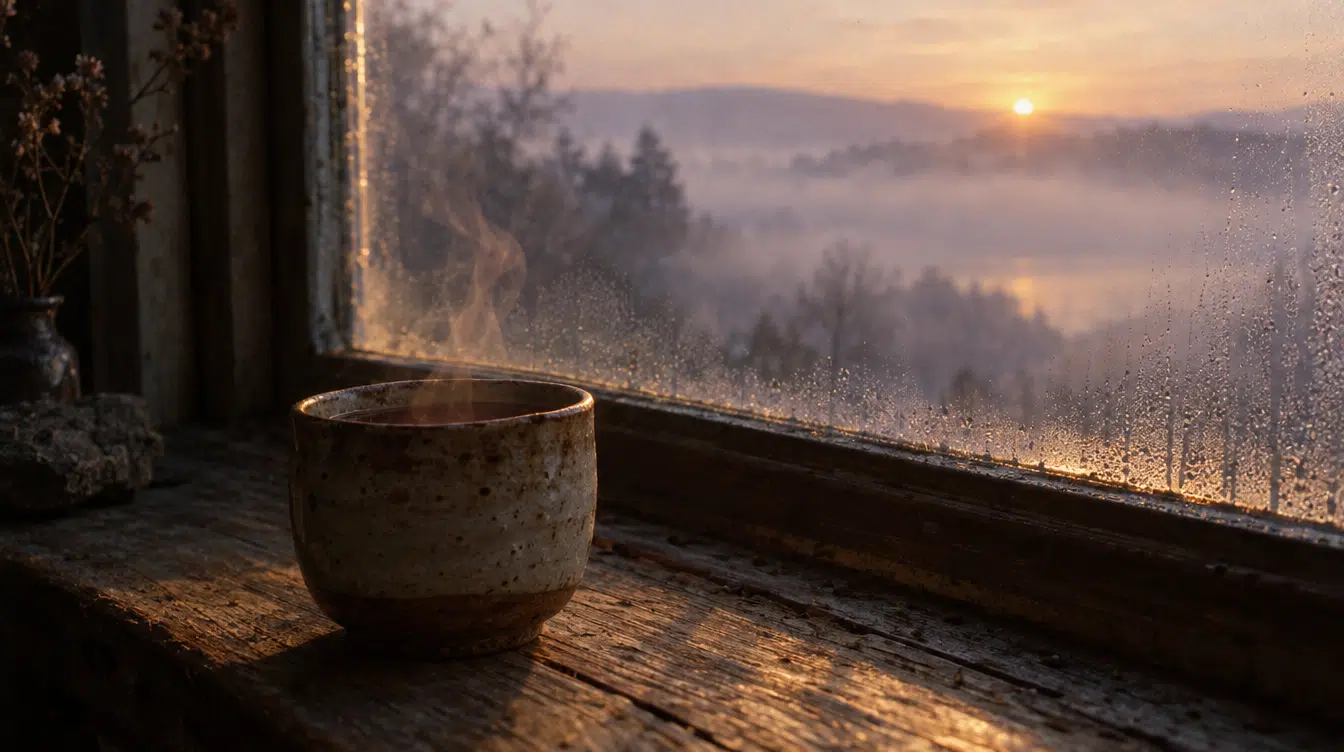 Chávena de chá a fumegar no parapeito de uma janela, ao amanhecer