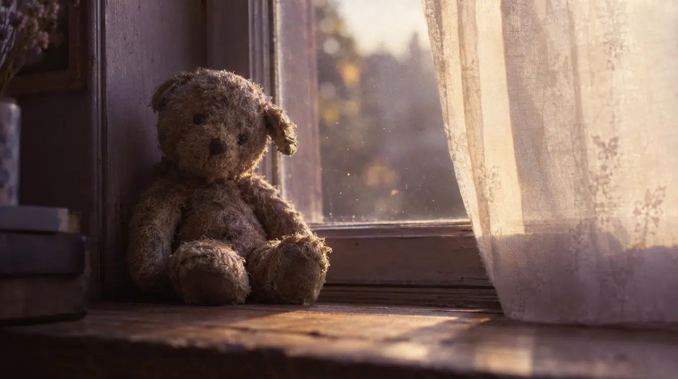 Urso de peluche antigo pousado no parapeito de uma janela, à luz suave do fim da tarde
