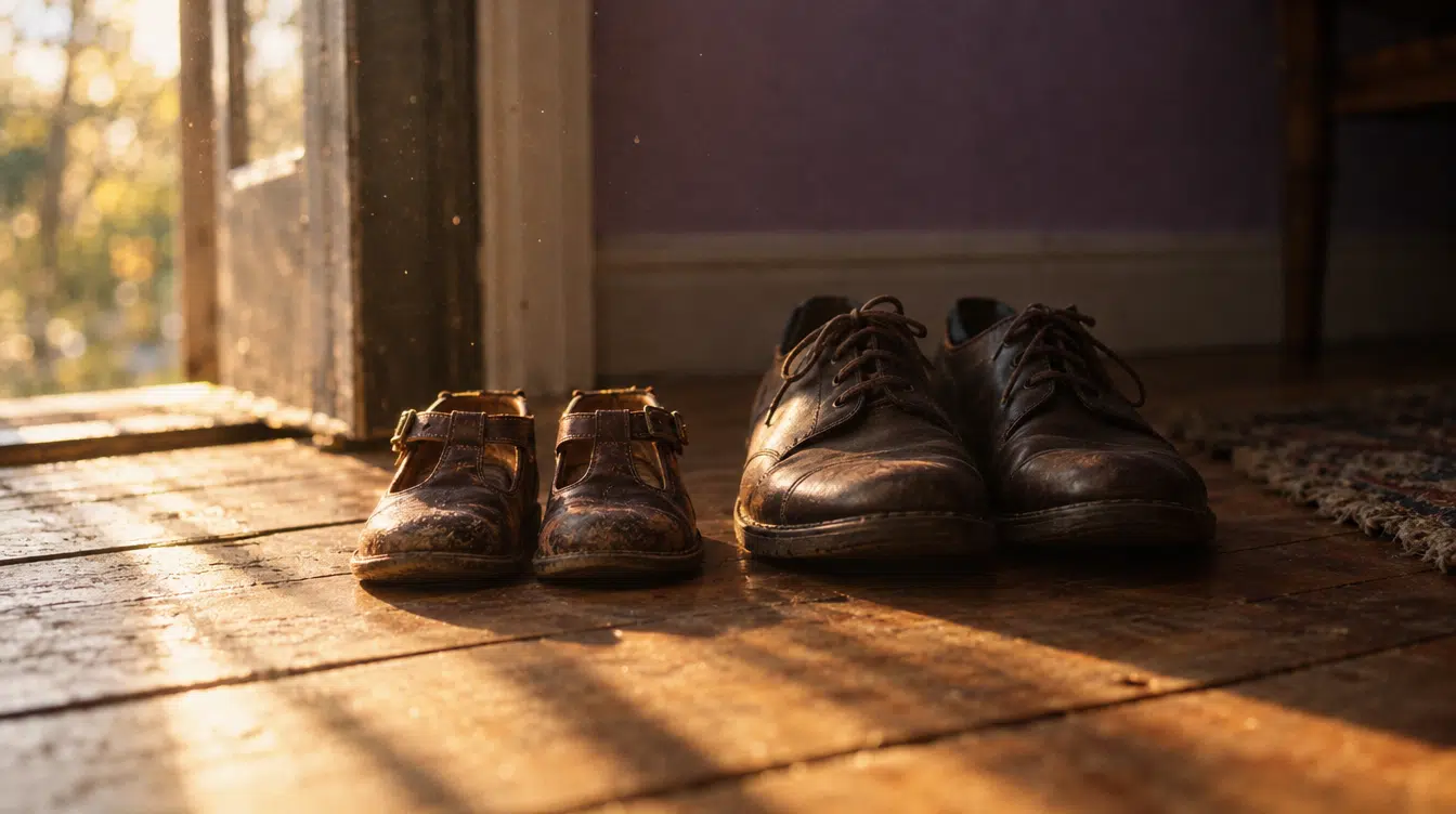 Sapatos pequenos de criança ao lado de sapatos de adulto num soalho antigo, à luz do fim da tarde