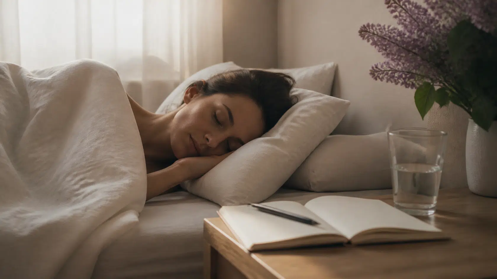Mulher a dormir tranquilamente ao amanhecer, com um caderno pousado na mesa de cabeceira para registar os sonhos premonitórios