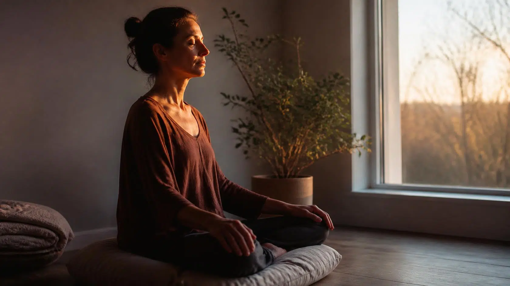 Mulher sentada numa almofada junto à janela ao nascer do dia, de olhos fechados, no hábito de meditar todos os dias