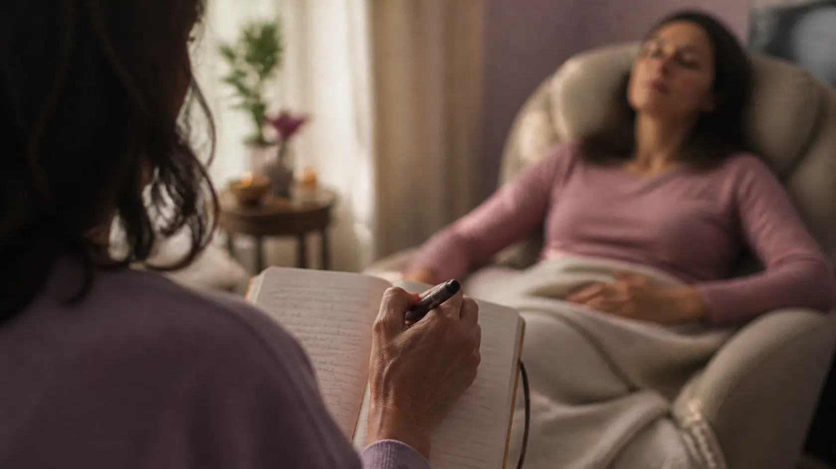 Mãos de um terapeuta a tomar notas num caderno durante uma sessão, com a pessoa acompanhada desfocada ao fundo