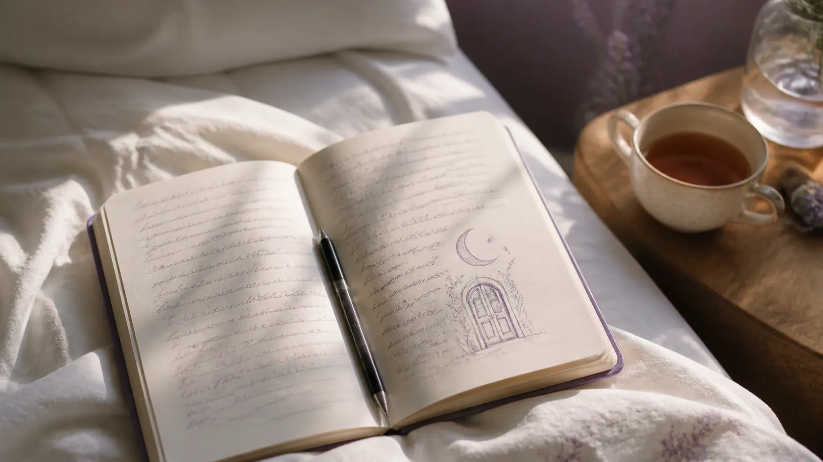 Caderno de sonhos aberto na cama ao amanhecer, com uma caneta e uma chávena de chá ao lado