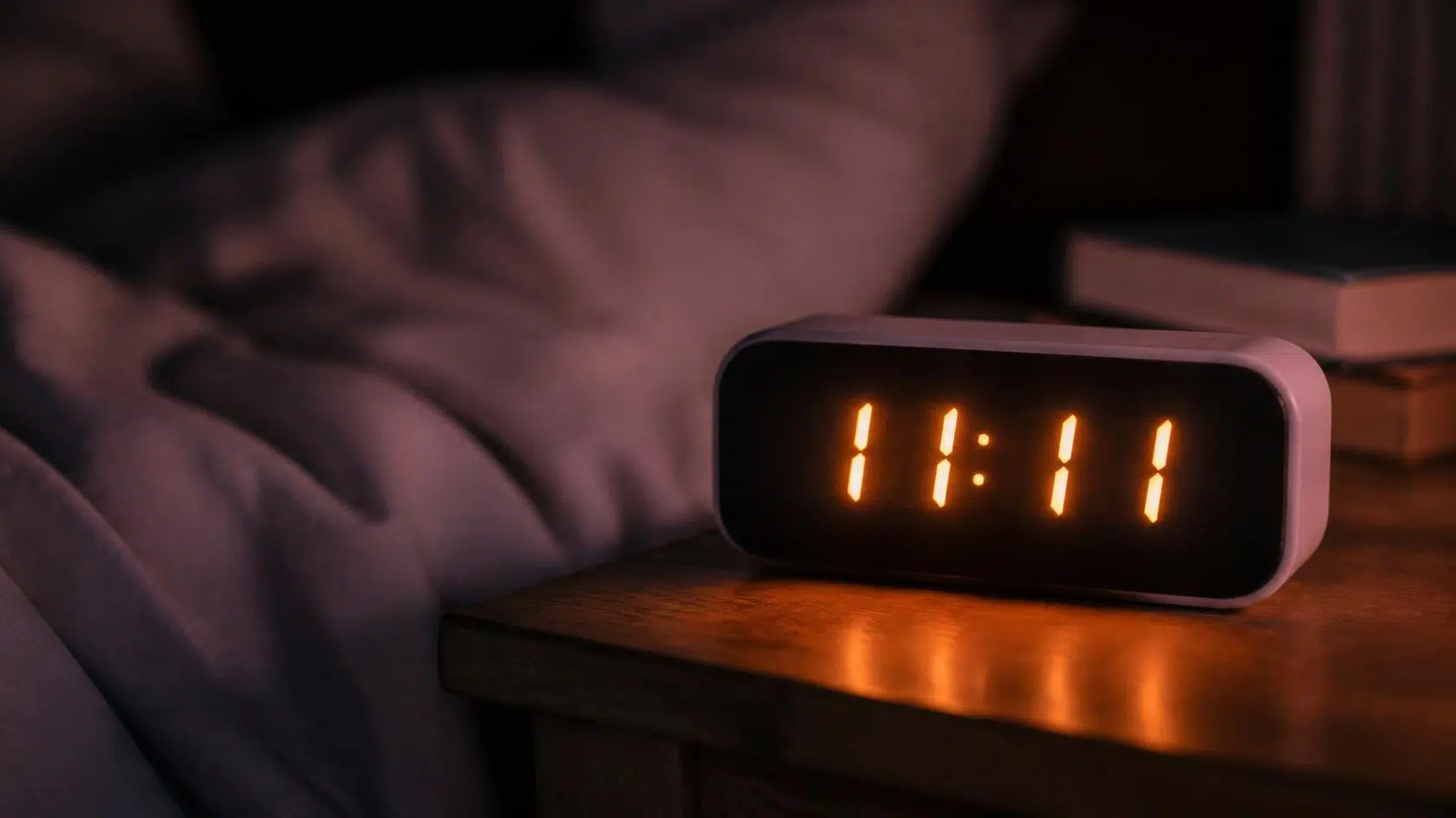 Telemóvel pousado no sofá à noite, com o ecrã aceso a marcar 22:22