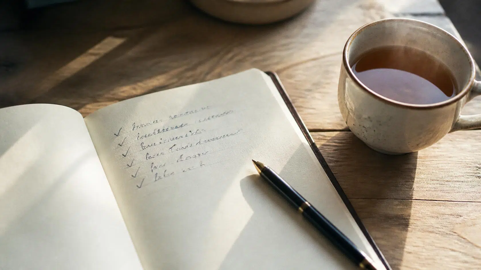 Caderno aberto com notas escritas à mão sobre a semana de meditação, ao lado de uma chávena de chá, à luz da manhã