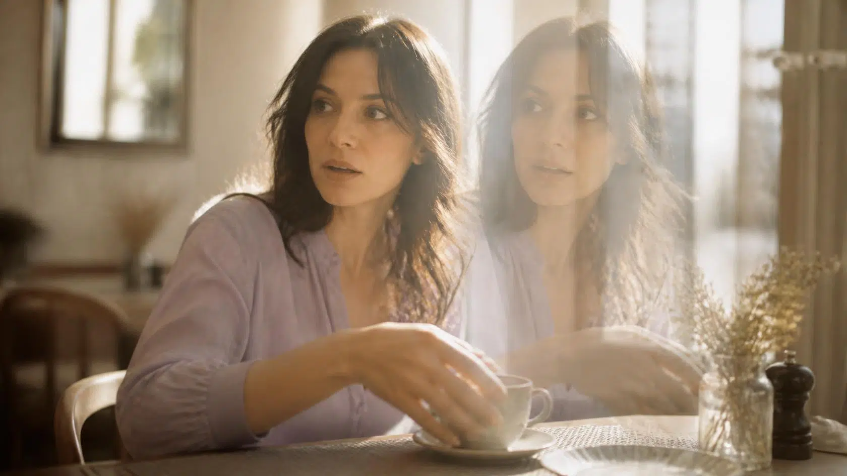 Mulher num café com o mesmo gesto repetido em dupla exposição, como um déjà vu