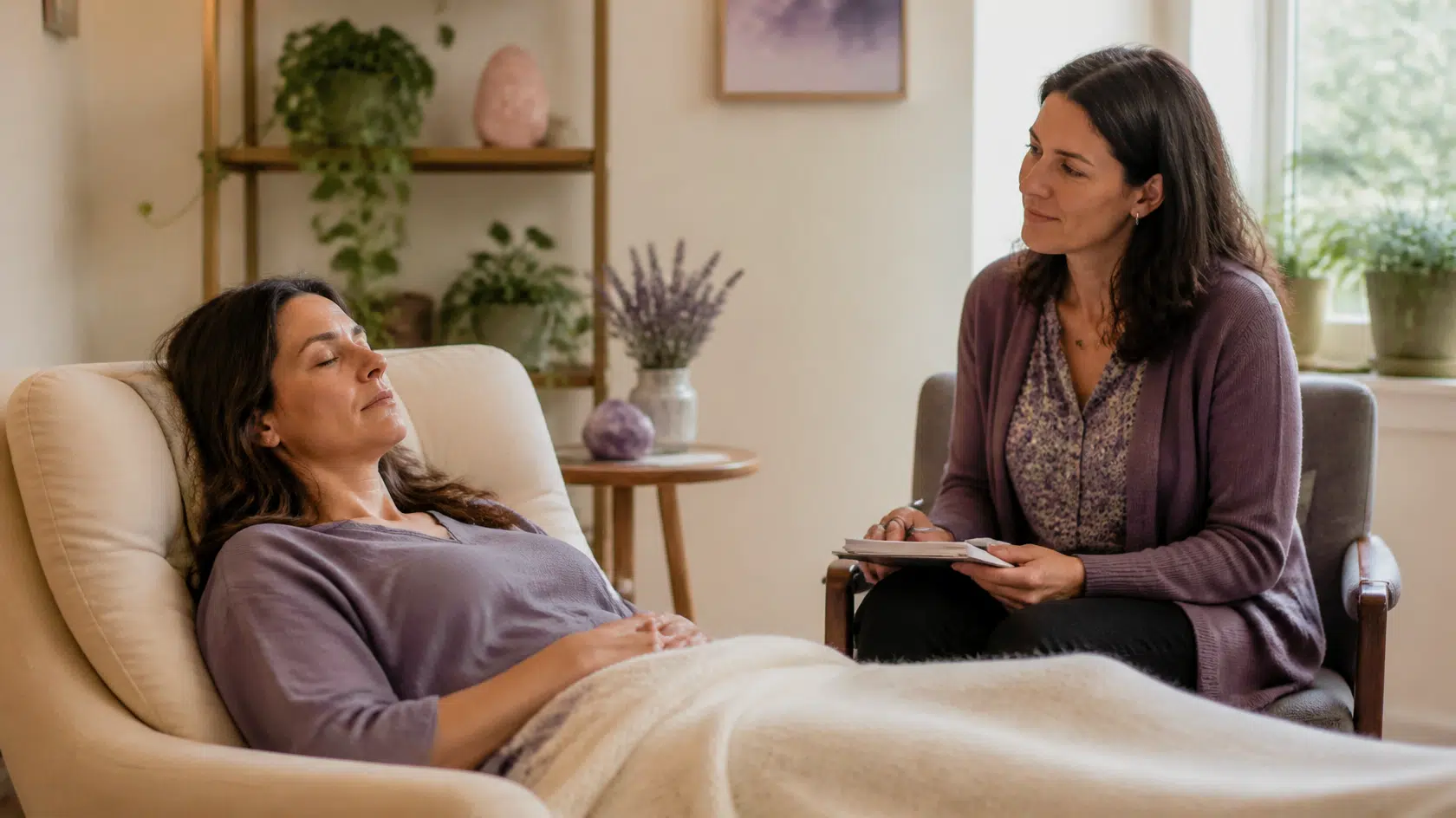 Terapeuta de regressão sentada ao lado de uma mulher reclinada numa poltrona, de olhos fechados, numa sala calma e luminosa