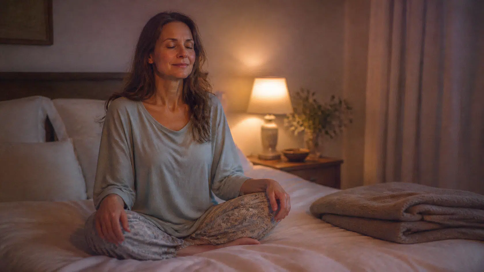 Mulher sentada na cama à noite, de olhos fechados, a respirar com calma à luz suave de um candeeiro antes de adormecer