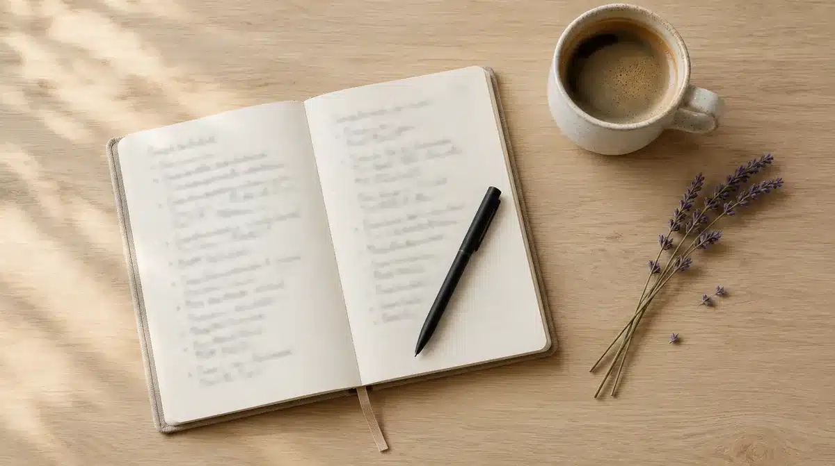 Caderno aberto com notas escritas à mão, uma caneta, uma chávena de café e um ramo de alfazema