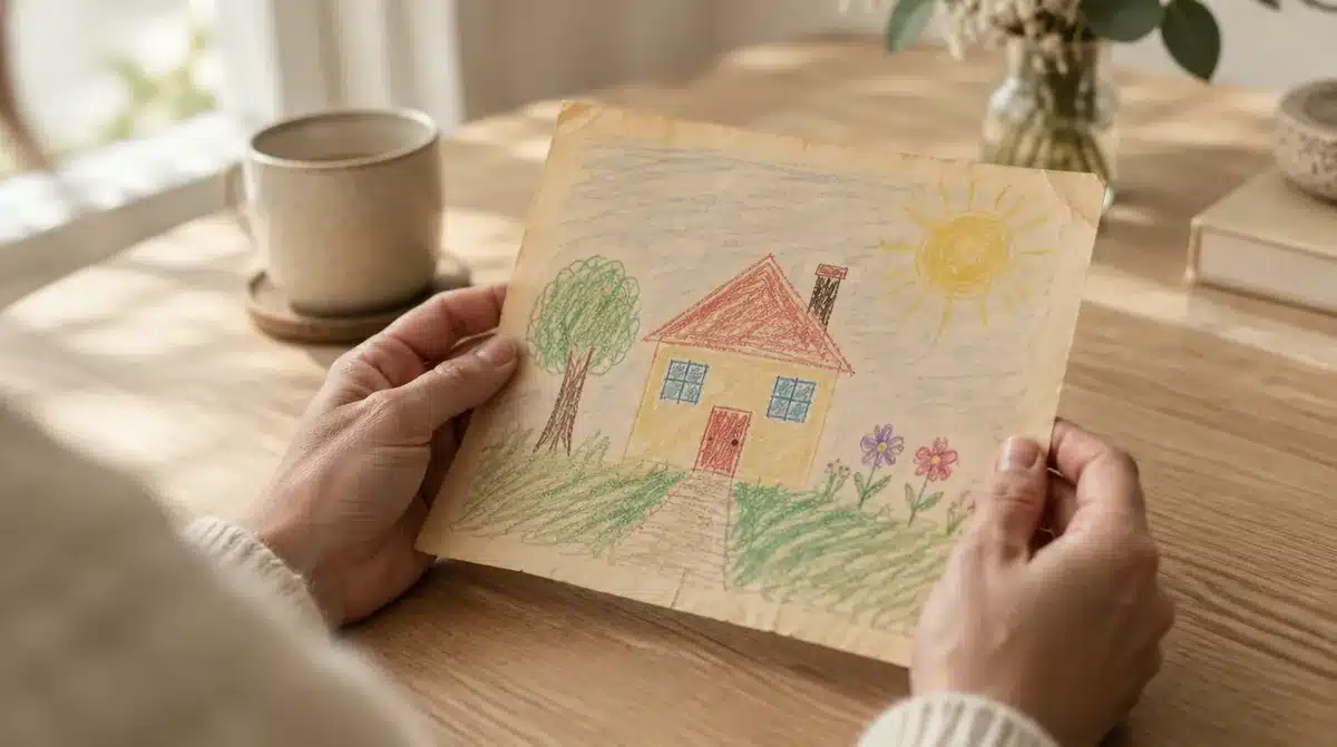 Mãos de um adulto a segurar um desenho antigo de uma casa e um sol, feito em criança