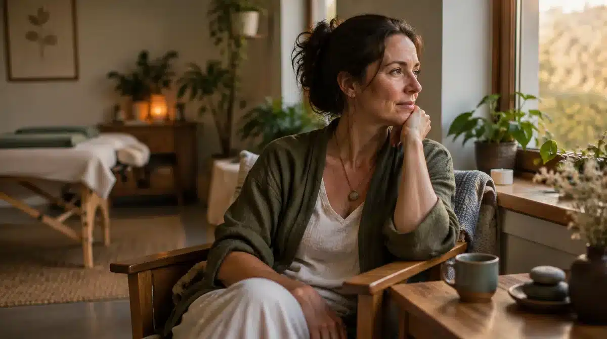 Terapeuta no consultório, num momento de reflexão sobre a sua prática